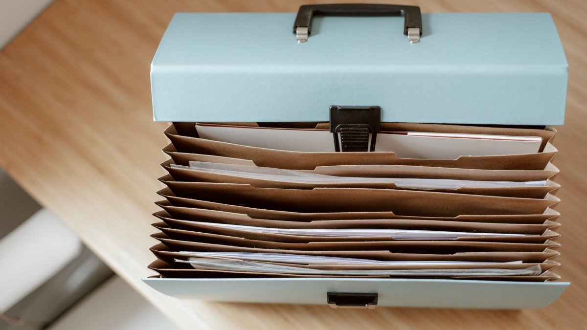 an accordion file organizer holding sorted household documents